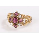 12 carat gold amethyst and pearl ring, the central oval amethyst surrounded by a band of pearls