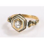 late 17th/ early 18th century diamond ring, the central rose cut diamond housed in a hexagonal black