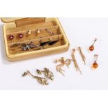 Earrings to include 9 carat gold amber, garnet and pearl set examples (qty)