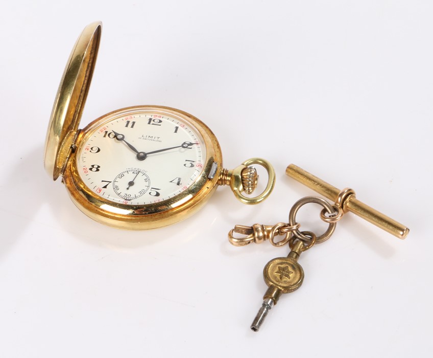 Limit gold plated hunter pocket watch, 9 carat gold clip, gold plated T bar