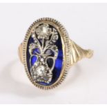 19th Century gold ring, the oval blue enamel head with a flowering urn set with rose cut diamonds,