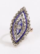 Victorian rose cut diamond and blue enamel ring, the navette form head with central diamond