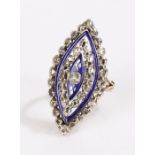 Victorian rose cut diamond and blue enamel ring, the navette form head with central diamond