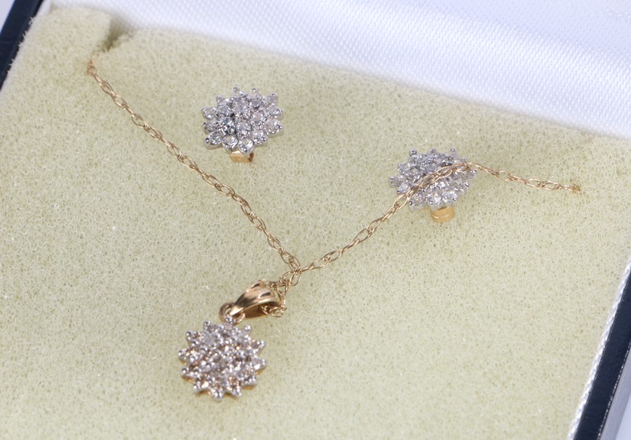 9 carat gold and diamond chip set jewellery set, comprising pair of earrings, necklace and