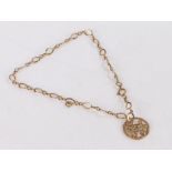 9 carat gold bracelet, with a gold coloured metal pendant, gross weight 2.5g