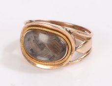 Gold coloured metal ring with central oval woven hair panel, ring size I, 2.6g