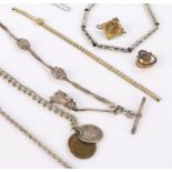 Three white metal watch chains, two white metal necklaces, Bonklip gilt metal watch bracelet, two