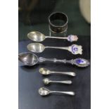 Silver to include napkin ring, two souvenir teaspoons, three condiment spoons, white metal Dutch