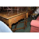 Pair of 18th Century style oak side tables, the crossbanded rectangular tops with burr walnut inlay,