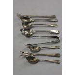 Silver flatware, various dates and makers, to include sugar tongs, mustard spoon, coffee spoons etc.