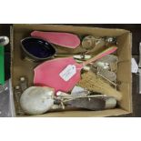 Silver and plated wares, to include two shoe horns, pink enameled decorated hand mirror and brush,