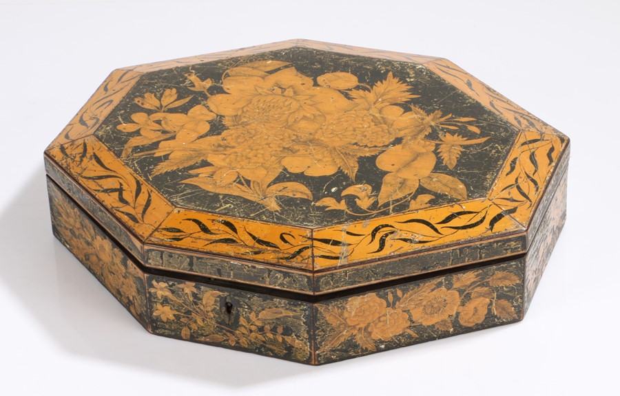 Regency penwork sewing box, the shaped box decorated with flowers opening to reveal compartments,