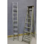 20th Century folding pine ladder, together with an aluminium extending ladder, 222cm and 242cm high,