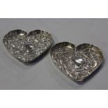 Pair of Edward VII silver pin dishes, London 1902, maker William Comyns Ltd, of heart form with