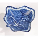 Bow pickle dish, of leaf form, with blue and white foliate decoration, 8cm wide by 7.5cm high