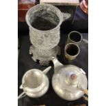 Unity pewter three piece tea set with beaten decoration, horn beaker with plated collar, pewter mug,