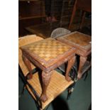 Collection of furniture, consisting of three metal and wicker chairs, two Indian style games tables,