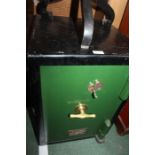 20th Century safe by Ratner of London, in black with a green door, key present, 43cm wide, 43cm deep
