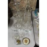 Glassware to include crackle effect claret jug with plated mounts, decanters, two cocktail glasses