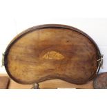 Edwardian kidney shaped tray, with central shell marquetry inlay and brass carrying handles, 54cm