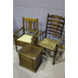 Oak ladderback armchair, together with a commode chair and a commode, (3)