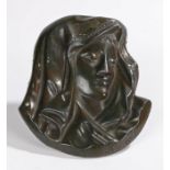 Bronze plaque depicting the Virgin Mary, signed indistinctly to base, 11cm x 12.5cmSignature unclear