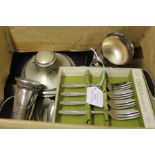 Plated ware to include card tray, hip flask, table lighter, silver mounted glass salt etc. (qty)