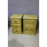 Pair of pine bedside cabinets, one with three drawers, the other with two, 48cm and 56cm wide (2)