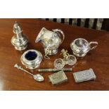 Plated ware to include condiment set, sugar bowl, teaspoon, brass book form vesta case pen/pencil