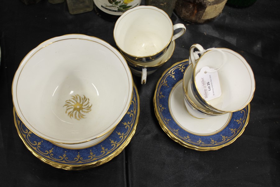 New Chelsea Staffordshire part tea service, the blue mottled ground with gilt scroll decoration,