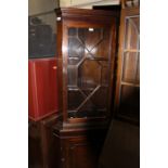 20th Century mahogany corner cupboard, the glazed door opening to reveal two shelves, above a