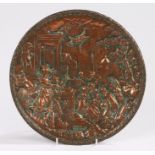 19th Century copper panel, with a classical scene to the dish panel and screw thread behind, 27cm