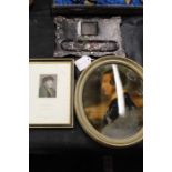 Papier mache and mother of pearl decorated desk stand, print of Prince Albert in an oval frame,
