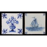 Two 18th century blue and white tiles, depicting a sailing ship and a stylised urn of flowers,