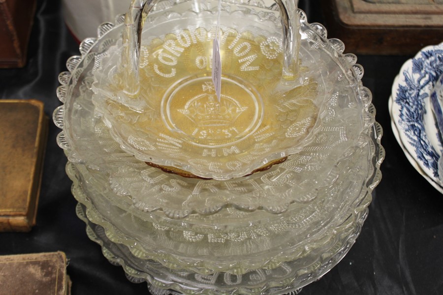 Collection of Bagley Royalty related glass plates and a matching basket, to include King George