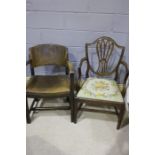 Edwardian armchair, the Sheraton style back above four square tapering legs, united by stretchers,