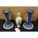 Pair of Wedgwood blue dip candlesticks with classical figural decoration, Royal Worcester vase