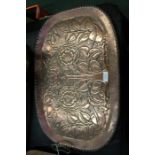 Arts and Crafts copper tray, the central field with foliate and scroll decoration, surrounded by