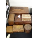 Boxes to include 19th Century tea caddy, work box, miniature chest of drawers, Egyptian bone and