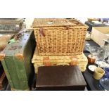 Two wicker picnic baskets, leather champagne set with four glasses, "The Week-End Handy Bag" small
