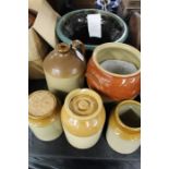 Pottery jardiniere with lattice effect decoration, stoneware jug, crock, bottle, three pots (7)