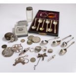 Silver and plated wares, to include teaspoons, dressing table pot with clear glass base, cigarette