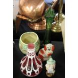 Cranberry and white glass shade with stylised foliate decoration, green glass vase, Staffordshire