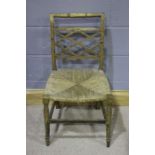 Regency dining chair, the square back with a geometric design, raised on turned legs, united by