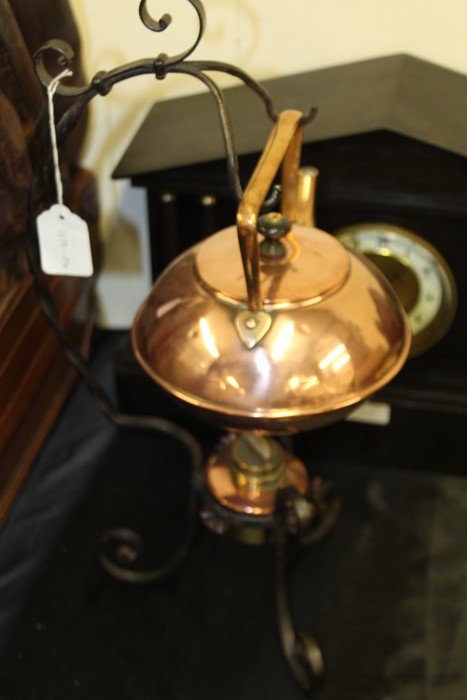 W.A.S. Benson style tea kettle and stand, the copper kettle with angular handle, on a scrolled - Image 2 of 4