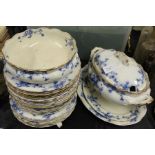 Furnivals Carnation pattern blue and white dinner service, comprising eight dinner plates, eleven