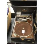 His Masters Voice record player, housed in a black case