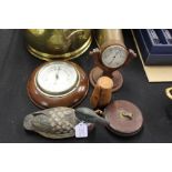 Works of art to include desk and wall aneroid barometers, set of four plated tot cups housed in a