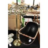 Copper coal helmet with swing handle, pair of brass companion set stands each with two hooks (3)