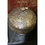 Islamic metal pot and cover, the lid and body with figural decoration, 24cm high